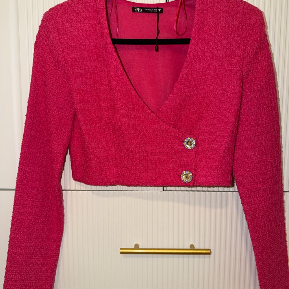 Zara Hot Pink Cropped Tweed Jacket with Crystal Buttons